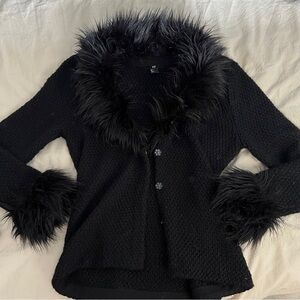 Black Penny Lane style Cardigan fur trim